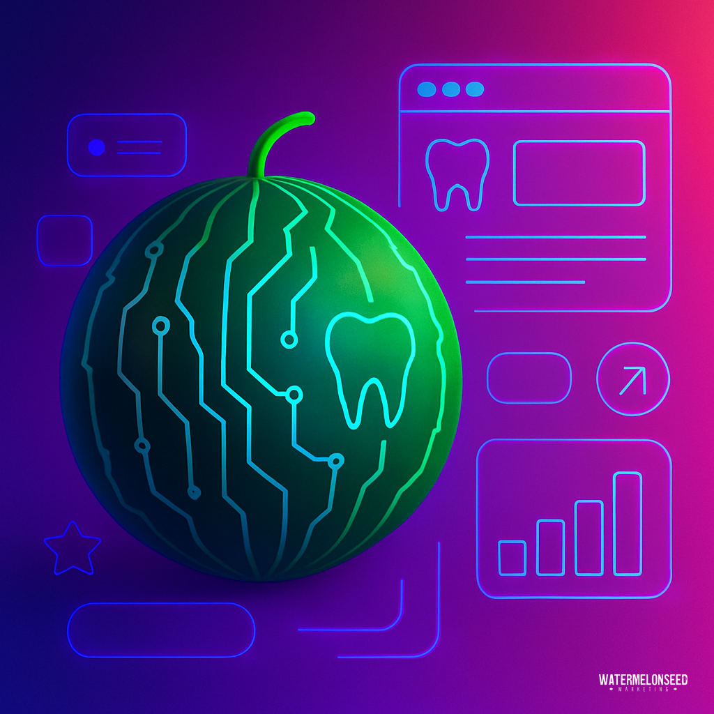 A digital illustration of a watermelon with circuit-like lines and a tooth icon, set against a background of web interface and data icons, highlights common conversion killers in website design.