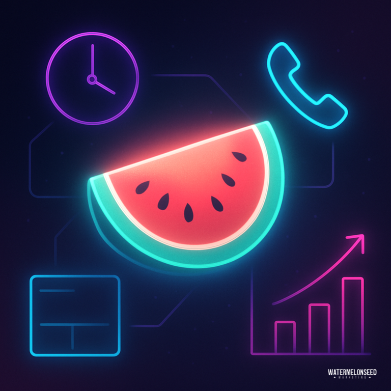 A neon illustration of a watermelon slice surrounded by icons of a clock, phone, chart, and window hints at the importance of timely lead follow up, all set against a dark background.