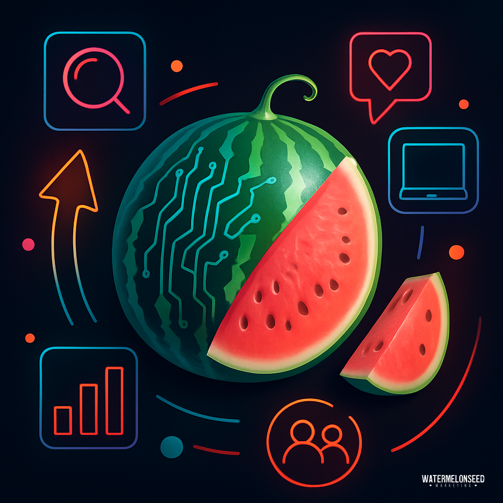 A watermelon with circuit patterns is surrounded by digital icons representing data, technology, and marketing channel effectiveness, highlighting a connection between fruit and digital concepts.