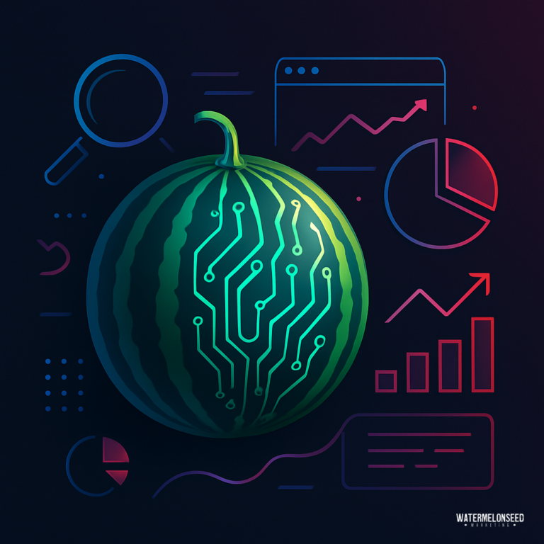 A watermelon with a circuit board pattern is surrounded by infographic icons like graphs, charts, and a magnifying glass on a dark background, symbolizing the data-driven strategies of custom home builder SEO.