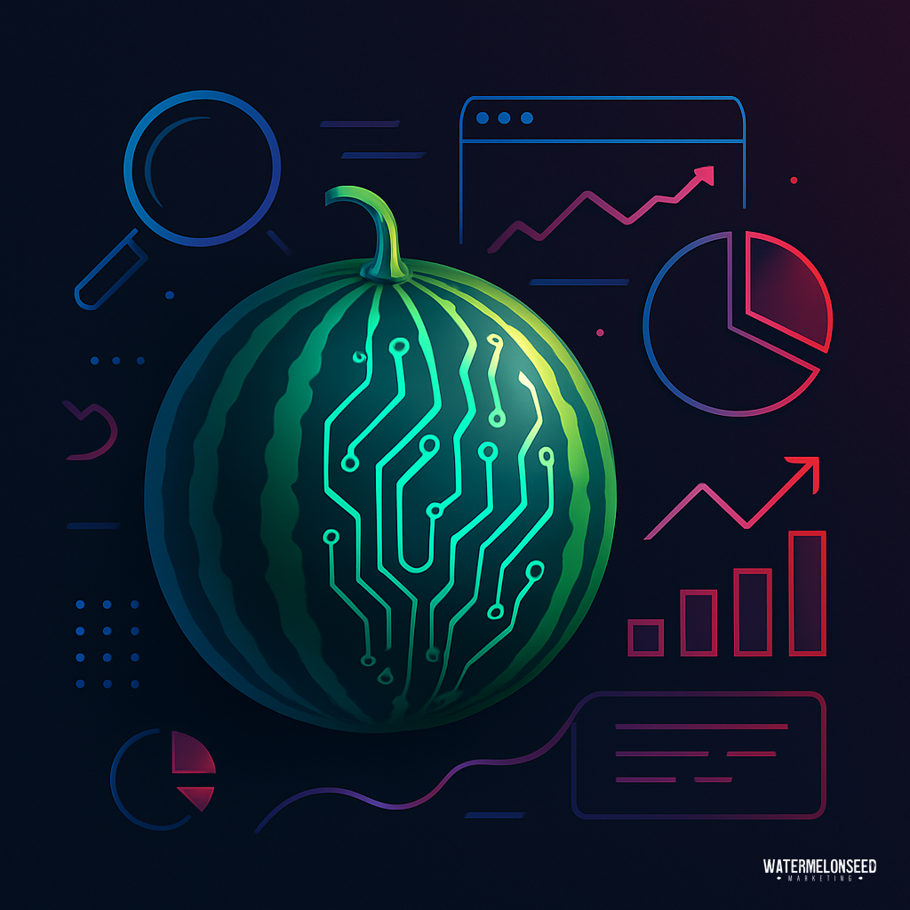 A watermelon with a circuit board pattern is surrounded by infographic icons like graphs, charts, and a magnifying glass on a dark background, symbolizing the data-driven strategies of custom home builder SEO.