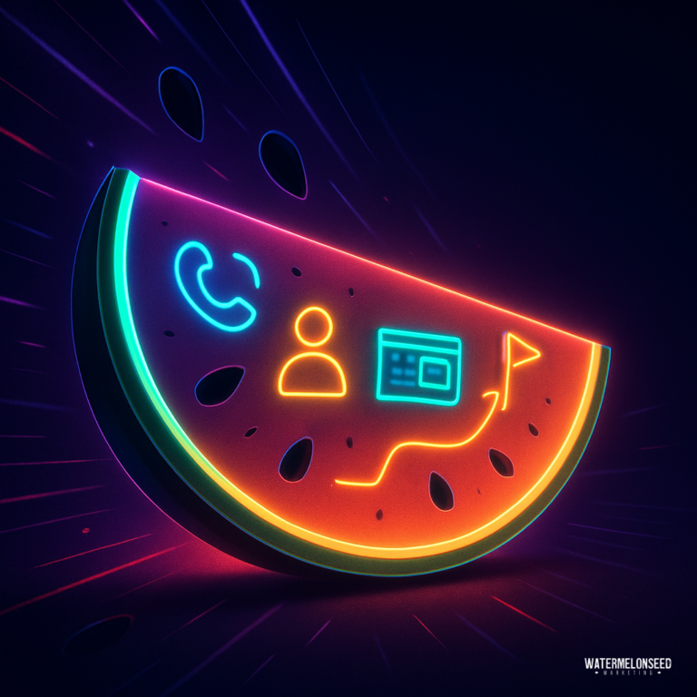 A neon-lit watermelon slice with digital icons of a phone, user, and card, set against a dark background with glowing accents, captures the vibrant essence of customer journey marketing.