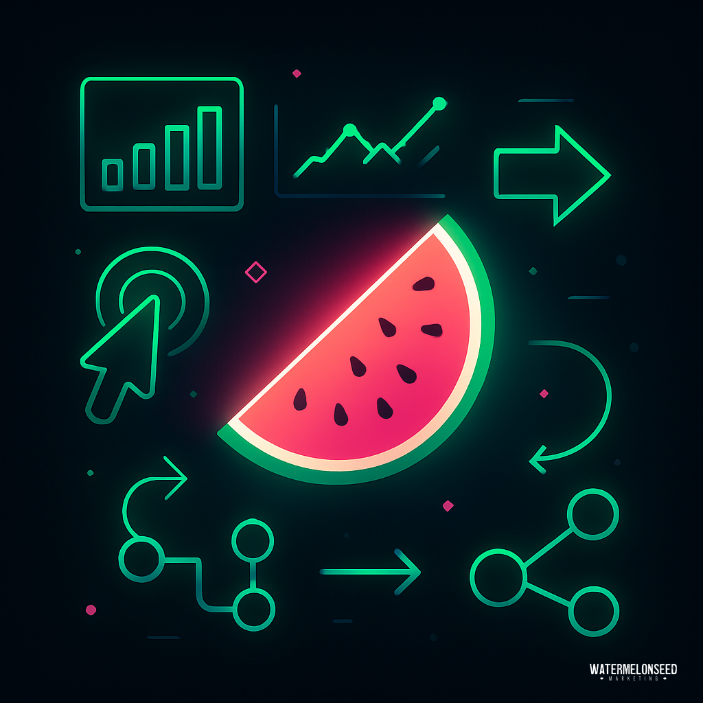 A neon illustration of a watermelon slice surrounded by icons representing graphs, flow charts, arrows, and a cursor—perfectly capturing the essence of customer journey tracking—set against a dark background.