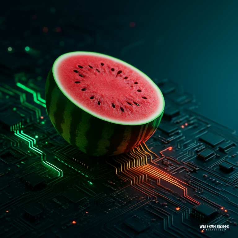 A halved watermelon with visible seeds sits atop a dark, illuminated computer circuit board, blending natural and technological elements—an unexpected visual metaphor for how to improve website conversions.