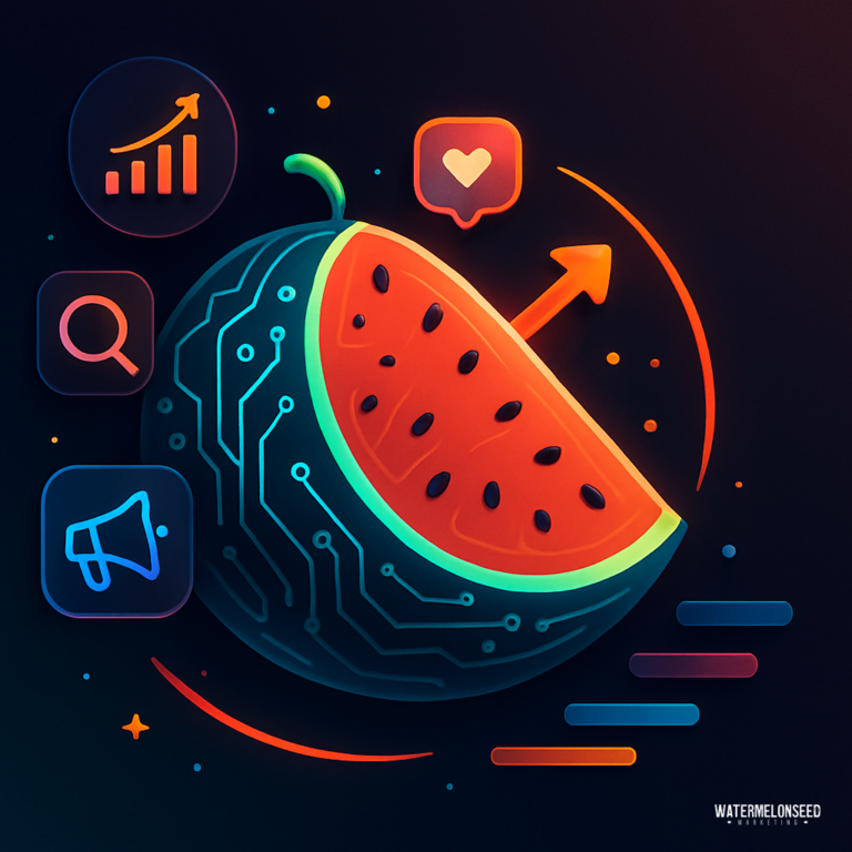 A digitally illustrated watermelon slice with circuit patterns, surrounded by icons for analytics, search, notifications, and marketing, symbolizes tech-driven business growth fueled by effective marketing strategies.