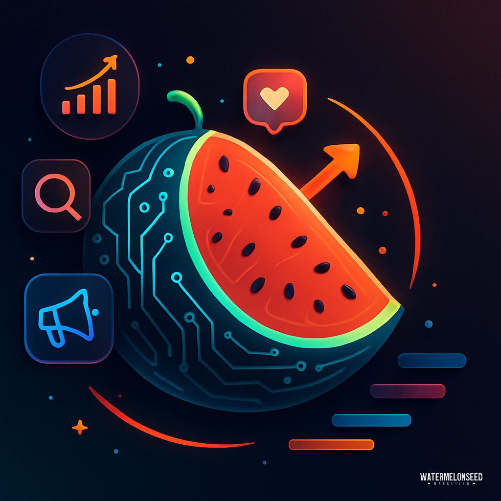 A digitally illustrated watermelon slice with circuit patterns, surrounded by icons for analytics, search, notifications, and marketing, symbolizes tech-driven business growth fueled by effective marketing strategies.