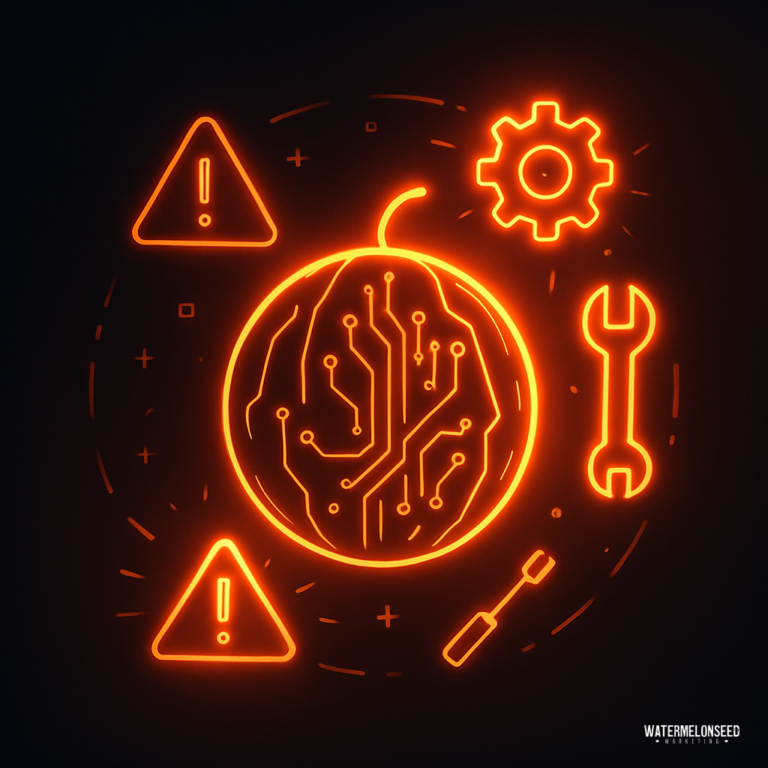 Glowing orange watermelon with circuit patterns surrounded by warning signs, a gear, a wrench, and a screwdriver on a black background—perfect for illustrating urgent moments like HVAC emergency searches.