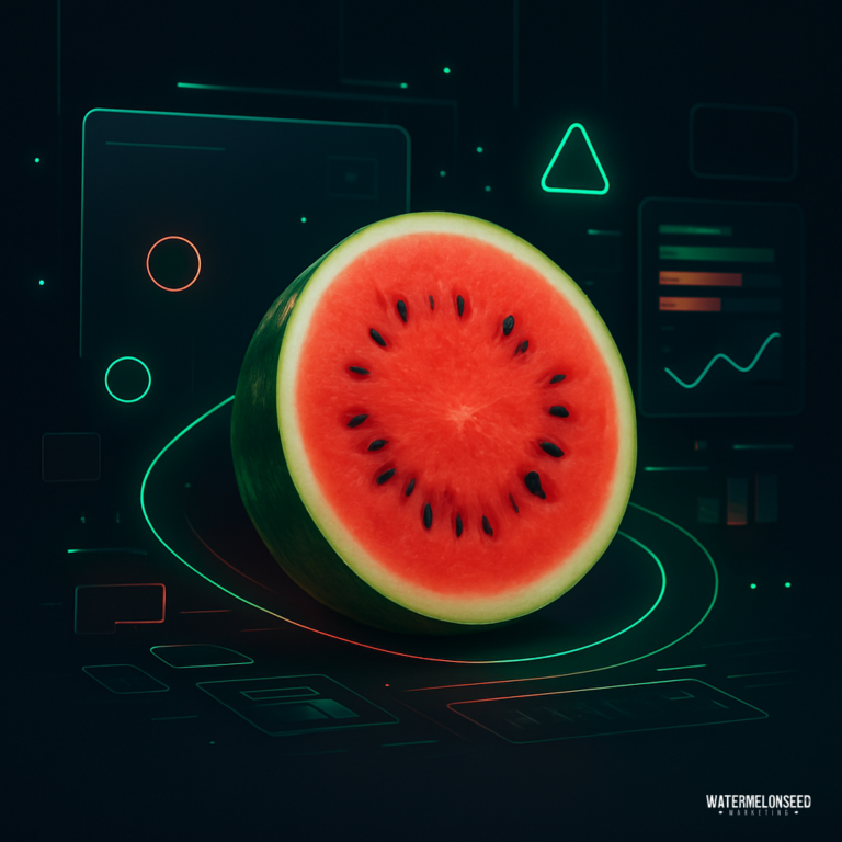 A halved watermelon with visible seeds is displayed against a digital, futuristic background with neon lines and geometric shapes, evoking the freshness and creativity needed for those seeking how to improve website conversions.