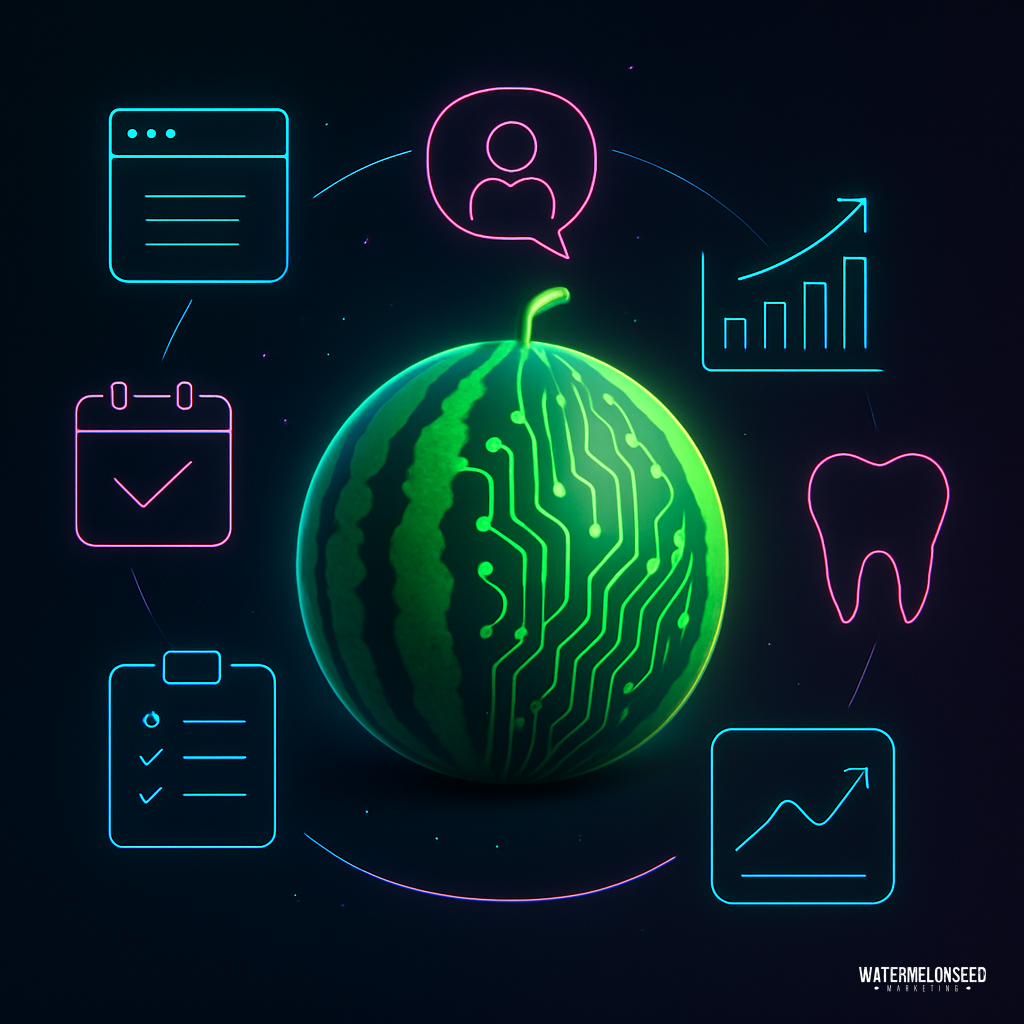 A stylized watermelon with circuit patterns is surrounded by neon icons—including graphs, a calendar, a checklist, a tooth, and a chat bubble—illustrating What Happens When You blend technology and data integration.