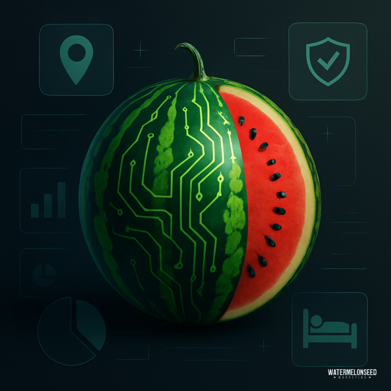 A watermelon with one half showing circuit patterns on the rind, icons for data, security, and analytics in the background—symbolizing innovation in assisted living research.