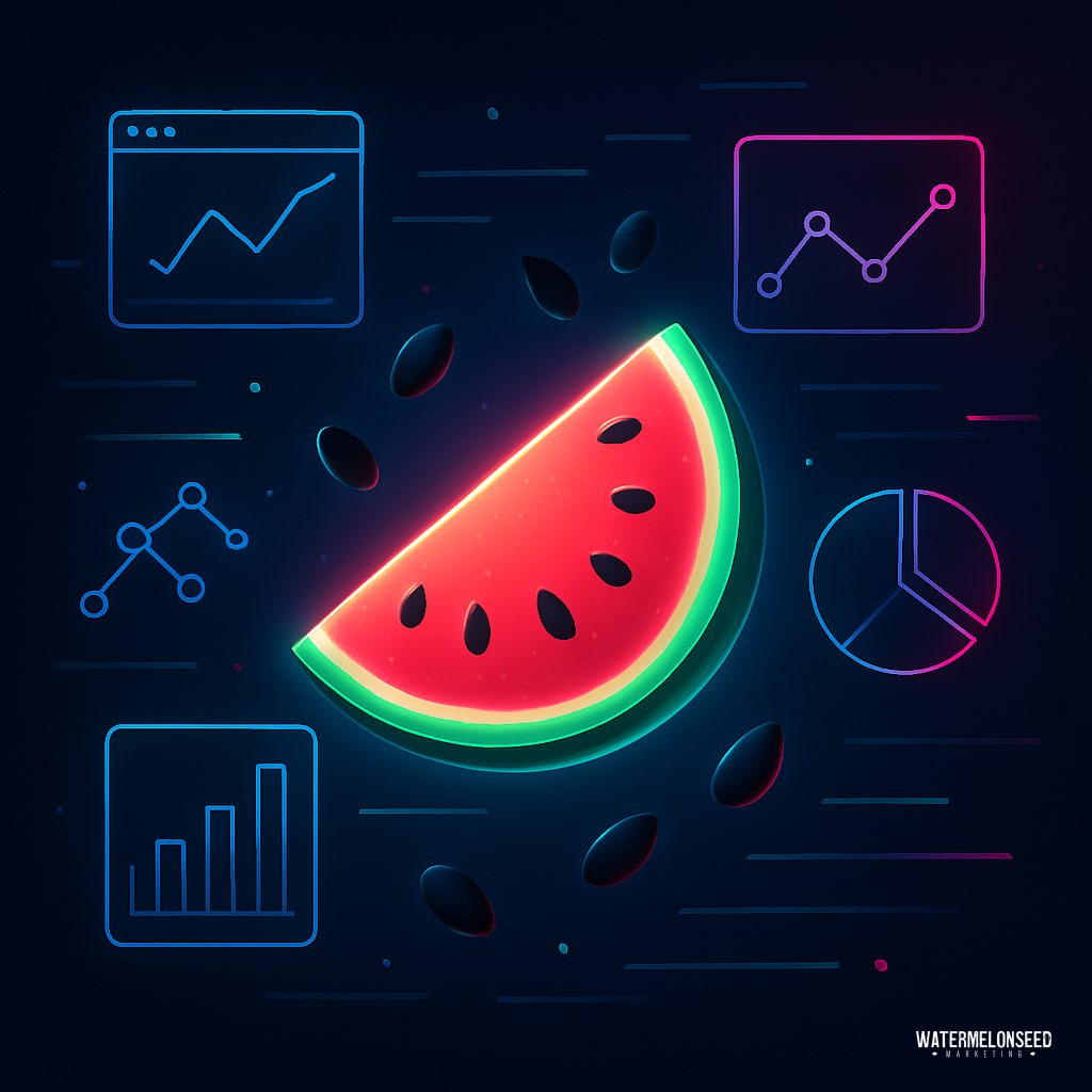 A neon illustration of a watermelon slice surrounded by various glowing data and chart icons on a dark background, subtly hinting at google analytics limitations in visualizing complex metrics.