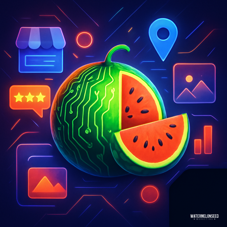 A digital illustration of a watermelon with one slice cut out, surrounded by neon icons representing Google Business Profile optimization—reviews, maps, charts, and images—all set against a dark background.