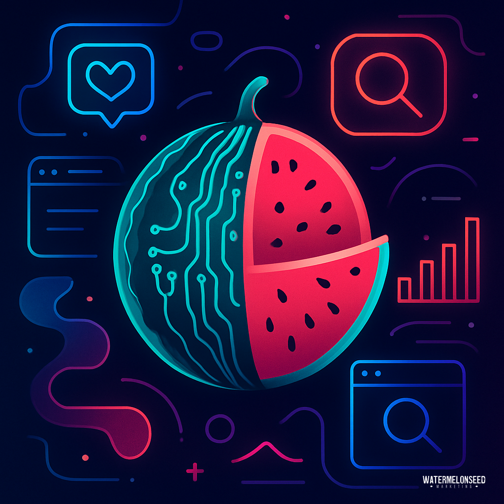 A stylized watermelon, half digital circuit, half fruit, is surrounded by neon icons representing data, analytics, Google attribution issues, and digital interaction on a dark background.