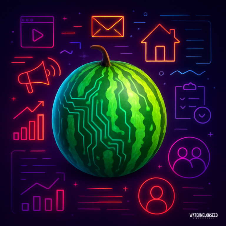 A watermelon with circuit-like patterns on its rind is surrounded by neon digital icons representing technology, communication, and data, symbolizing the modern home buyer journey.