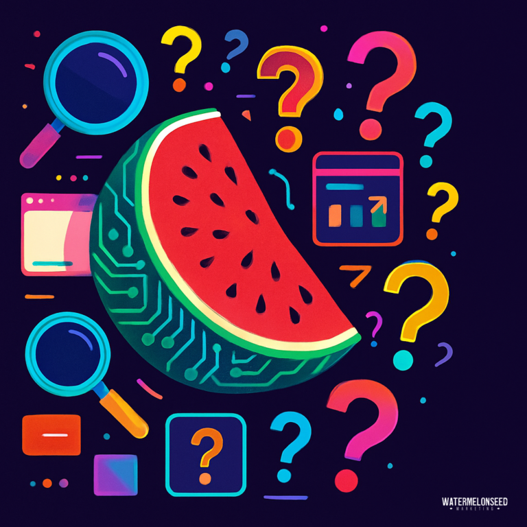 A digitally illustrated watermelon slice with circuit patterns, surrounded by magnifying glasses, question marks, and app icons on a dark background, visually representing the buyer research process.