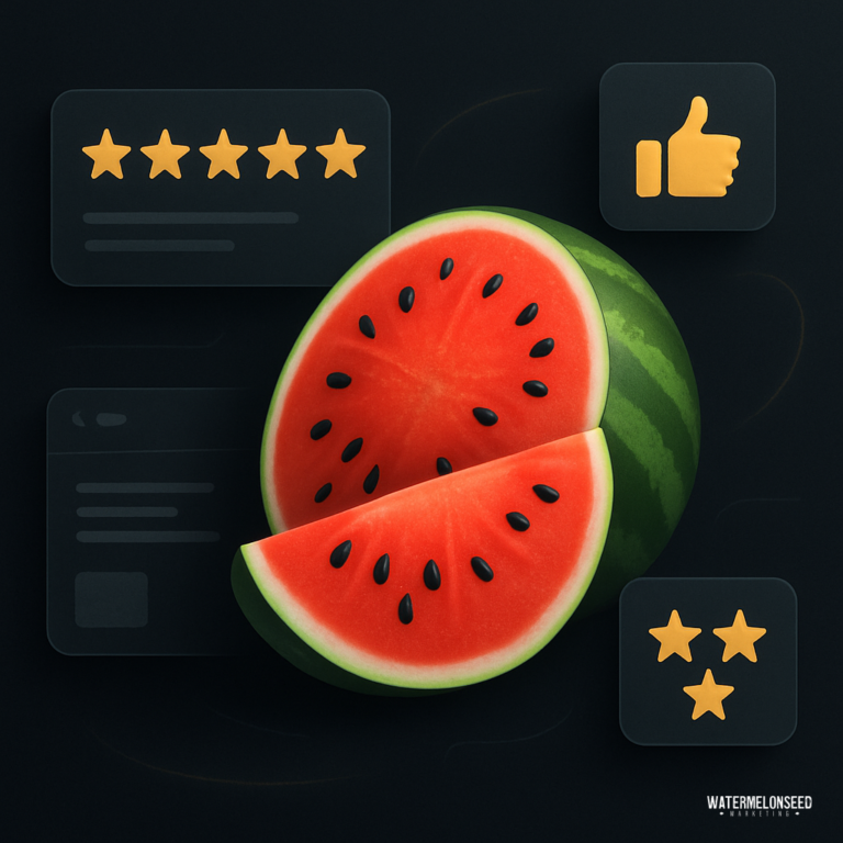 A sliced watermelon is surrounded by icons of star ratings and a thumbs-up on a dark background, evoking the satisfaction seen in top HVAC company reviews.