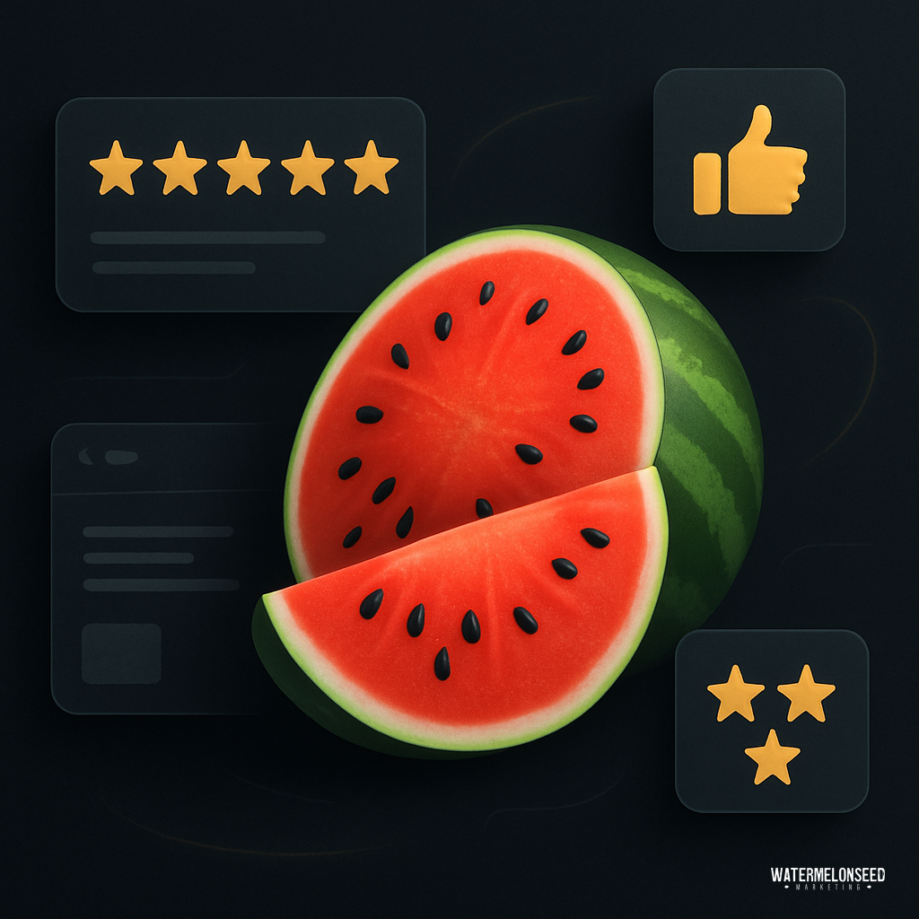 A sliced watermelon is surrounded by icons of star ratings and a thumbs-up on a dark background, evoking the satisfaction seen in top HVAC company reviews.