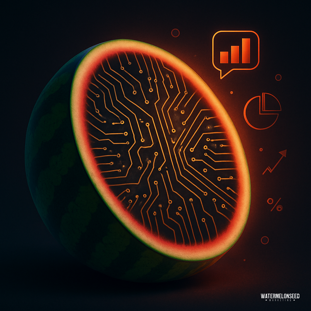 A sliced watermelon with a glowing circuit board pattern inside, surrounded by digital data icons like graphs and percentages, symbolizes the fusion of business reputation and strategic branding in a modern digital landscape.