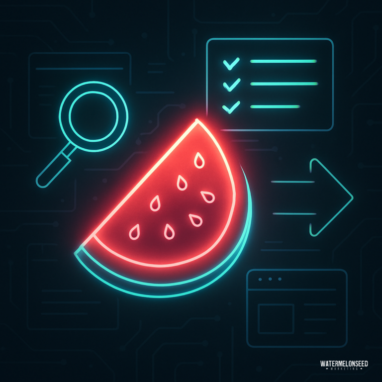 Neon-style illustration of a watermelon slice surrounded by icons—including a magnifying glass, checklist, arrow, and browser window—evokes the online customer journey on a dark digital-themed background.