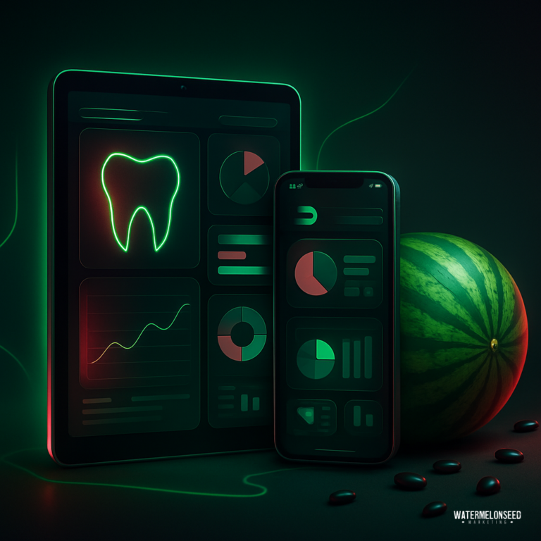 A tablet and smartphone display dental and analytical charts beside a whole watermelon and seeds, with a green and red color scheme, illustrating how Google AI Overviews can present data visually.