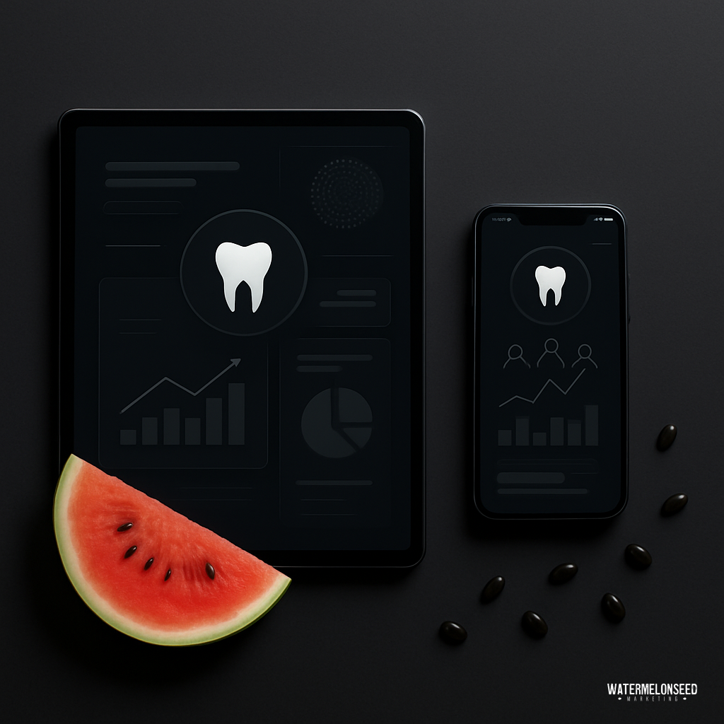 A tablet and smartphone display dental analytics graphics on a dark surface, with a watermelon slice and black seeds nearby. "WATERMELONSEED" is written in the corner, highlighting how independent dental practices can benefit from smart data insights.