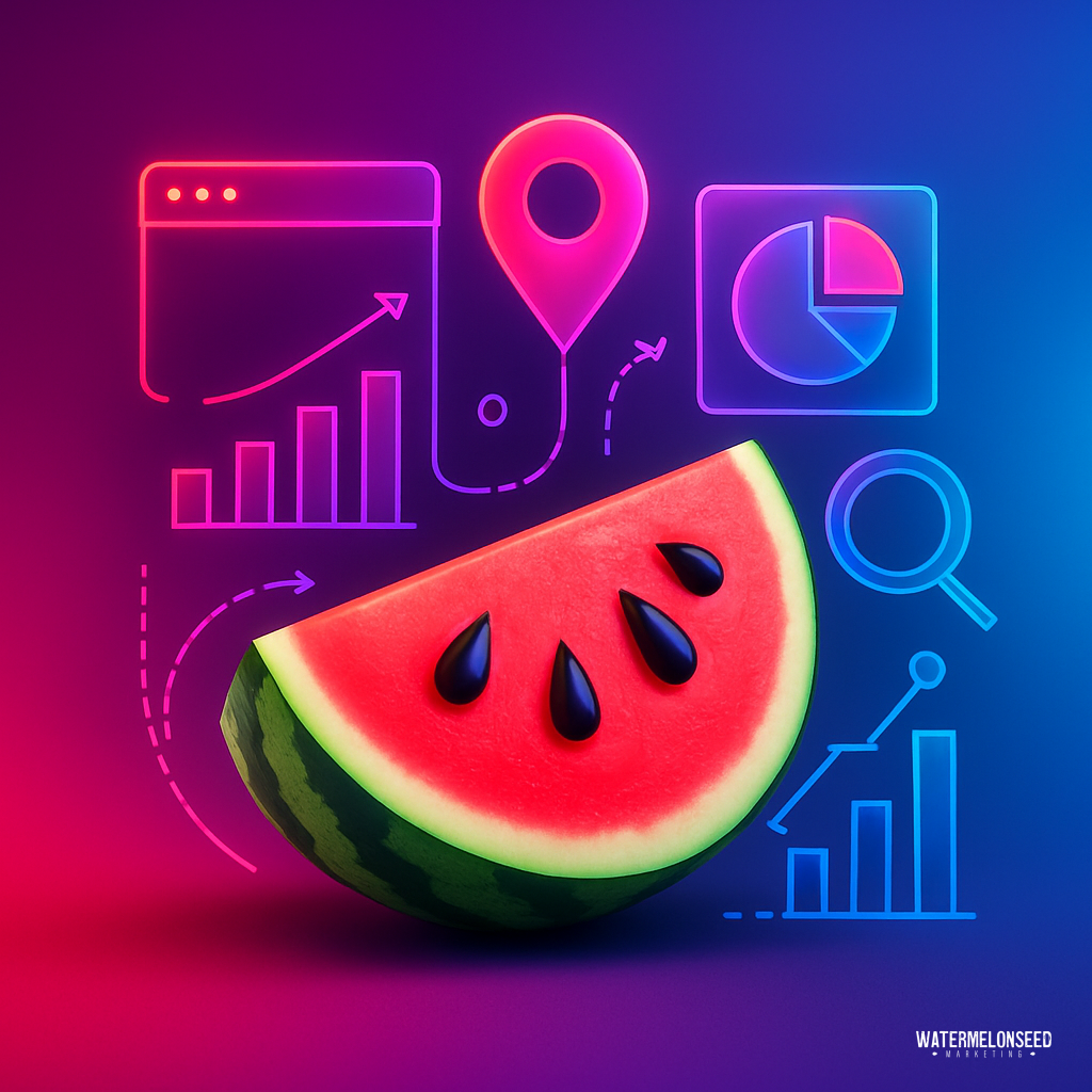 A watermelon slice in front of neon graphics showing charts, graphs, and a location pin against a colorful gradient background, reflecting the dynamic vibe of accounting firm SEO.