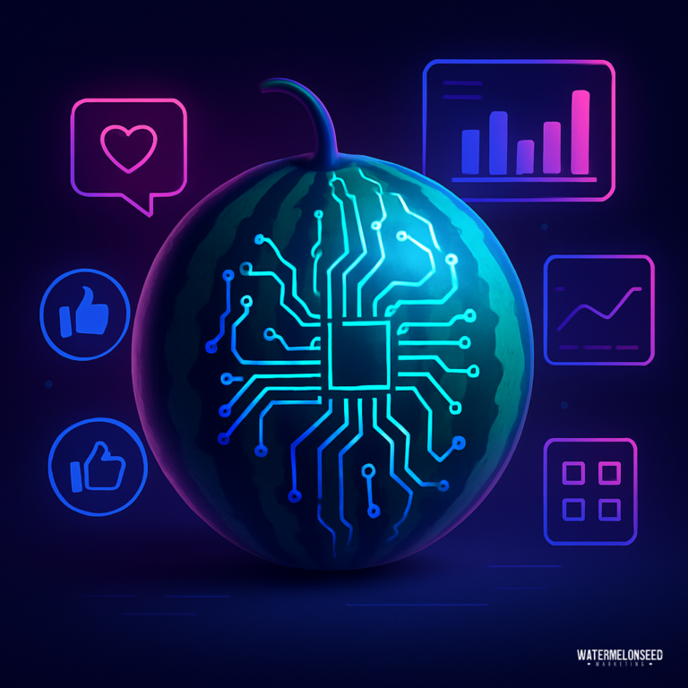 A watermelon with a glowing circuit board pattern, surrounded by digital icons like charts, thumbs up, and a heart, poses the question: How Long Does It take for technology and data integration to transform the ordinary into the extraordinary?.