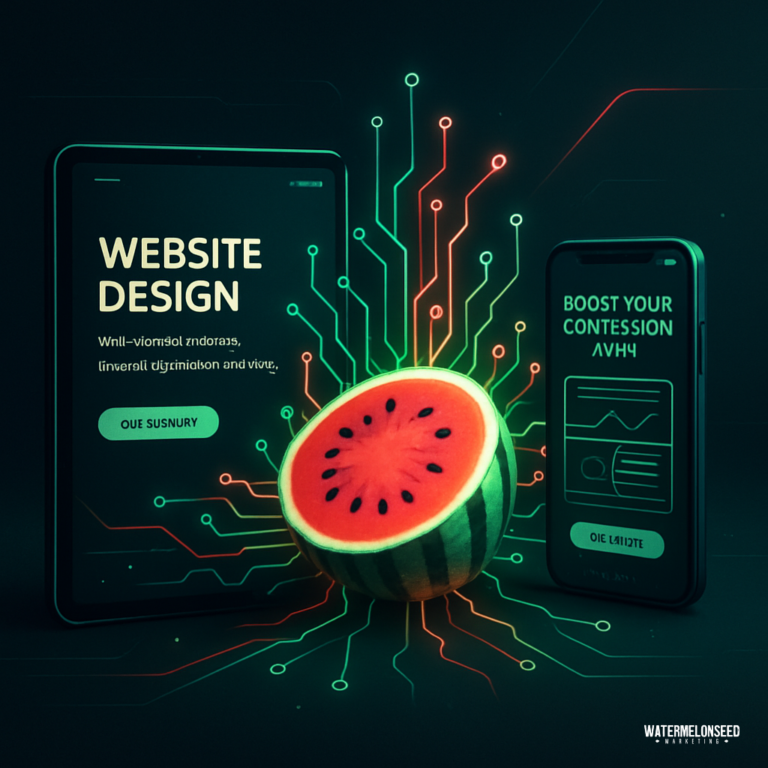 A digital illustration shows a watermelon connected to two smartphones, with glowing circuits and text about website design and how to improve website conversions.