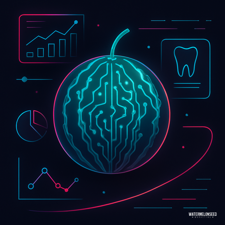 A digital illustration of a watermelon with circuit-like lines, surrounded by charts and diagrams, symbolizes How WatermelonSeed Tracks Patient data through advanced analysis and technology.
