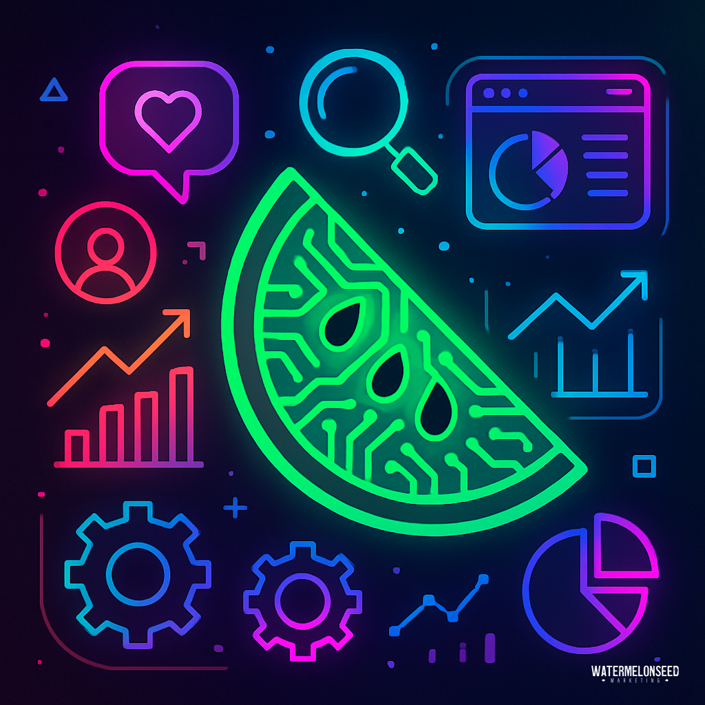 Neon digital illustration of a watermelon slice surrounded by data analytics icons, charts, graphs, gears, and user symbols on a dark background—perfect for visualizing How To Identify The key insights in your data.
