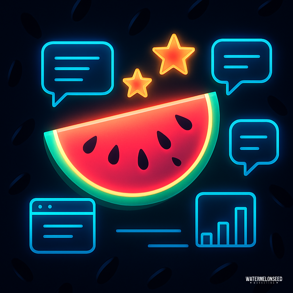 A neon-style illustration of a watermelon slice surrounded by speech bubbles, star icons, a browser window, and a bar chart evokes the lively world of online reviews on a dark background.