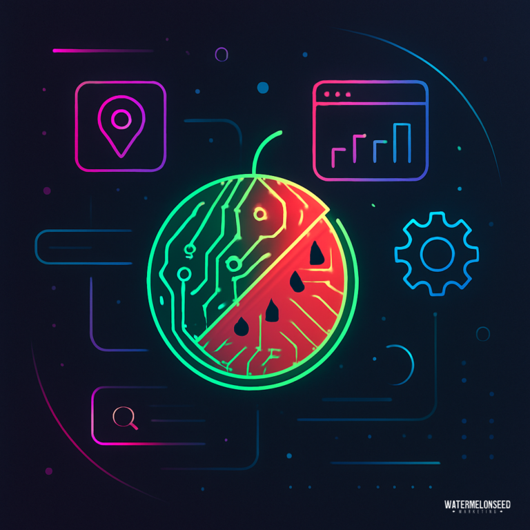 Neon illustration of a watermelon with circuit patterns, surrounded by tech icons like a location pin, chart, gear, and search symbol on a dark background—perfect for highlighting mortgage broker SEO themes.
