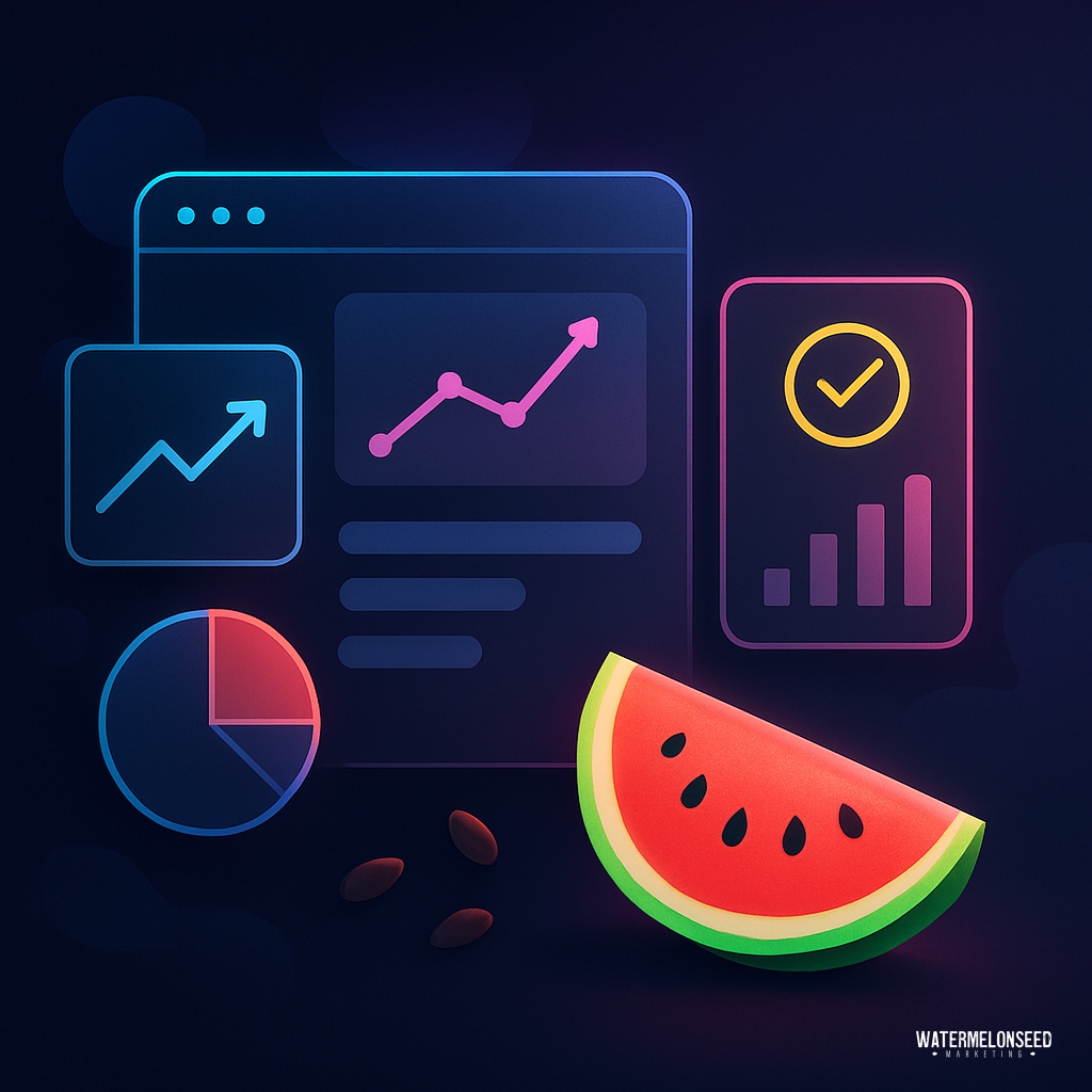Neon-style infographic with charts, graphs, and a watermelon slice, illustrating data visualization concepts and performance analytics tools for digital marketing on a dark background.