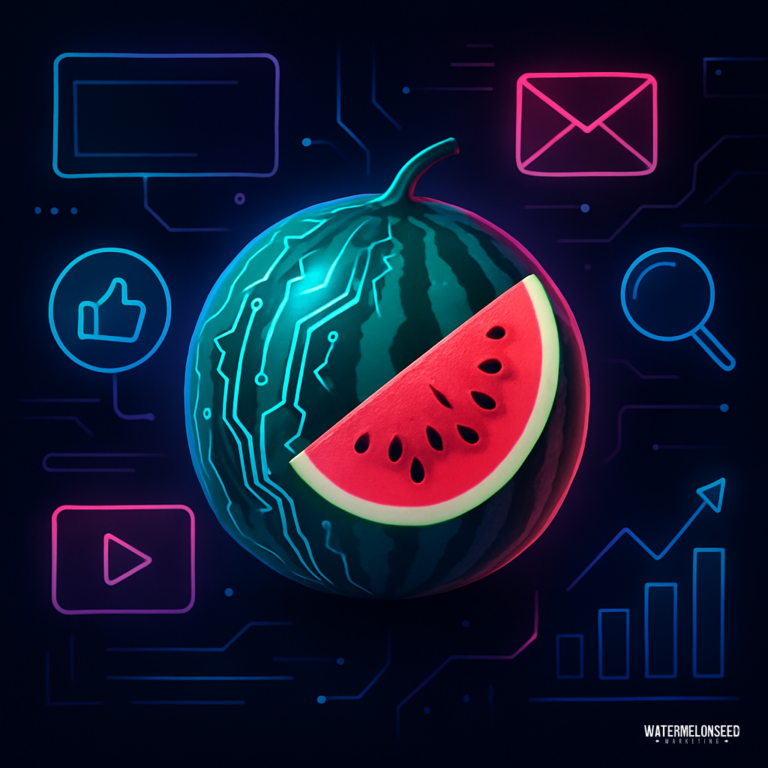 A watermelon with a circuit pattern on its rind is surrounded by digital icons, including email, thumbs up, play button, and a bar graph—illustrating last-click attribution issues—set against a dark background.
