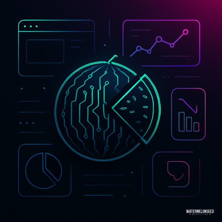 Digital illustration of a watermelon with circuit patterns, surrounded by data charts and interface windows, symbolizing technology, law firm conversion, and seamless data integration.