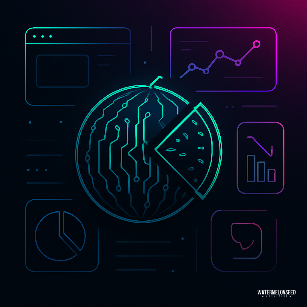 Digital illustration of a watermelon with circuit patterns, surrounded by data charts and interface windows, symbolizing technology, law firm conversion, and seamless data integration.