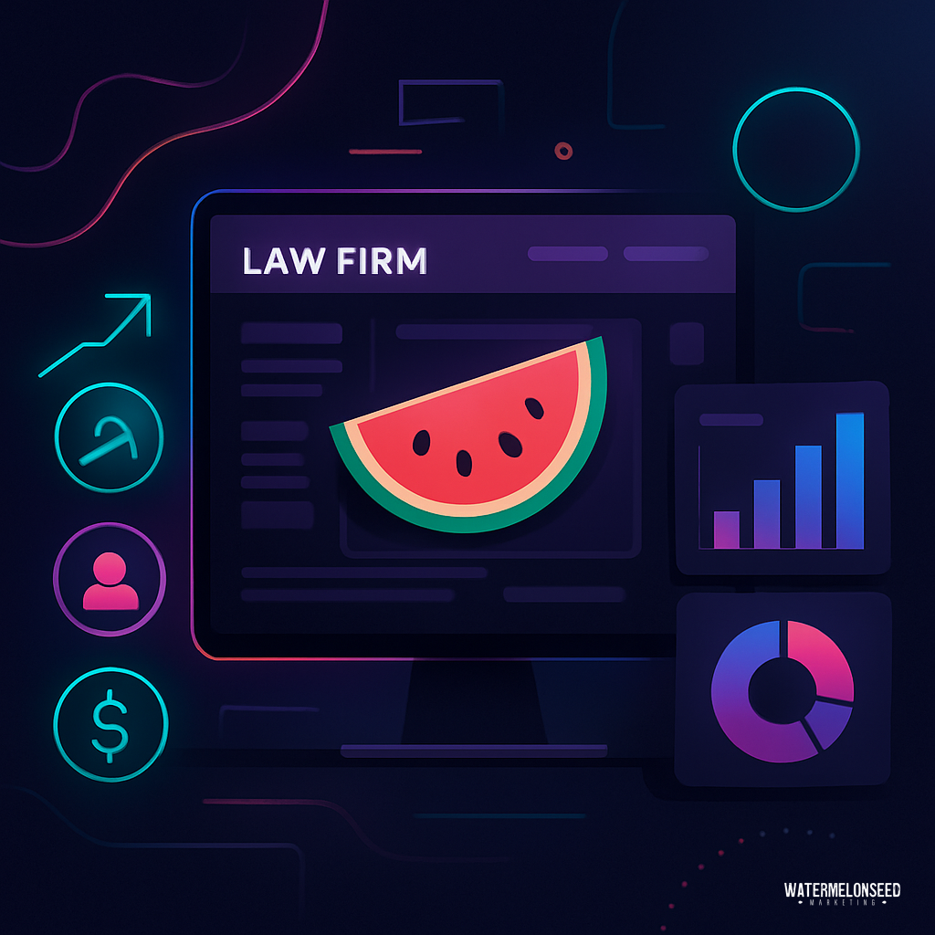 Monitor displays "LAW FIRM" with a watermelon graphic, surrounded by icons for growth, people, and charts, against a dark, neon-accented background—highlighting the importance of law firm website conversion.