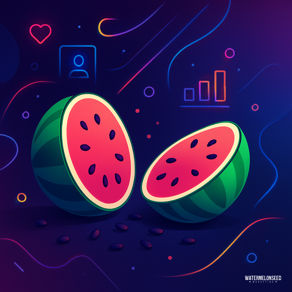 A digital illustration of a watermelon split in half with visible seeds, set against a colorful abstract background featuring icons and curved lines—symbolizing the concept of leads vs new patients.