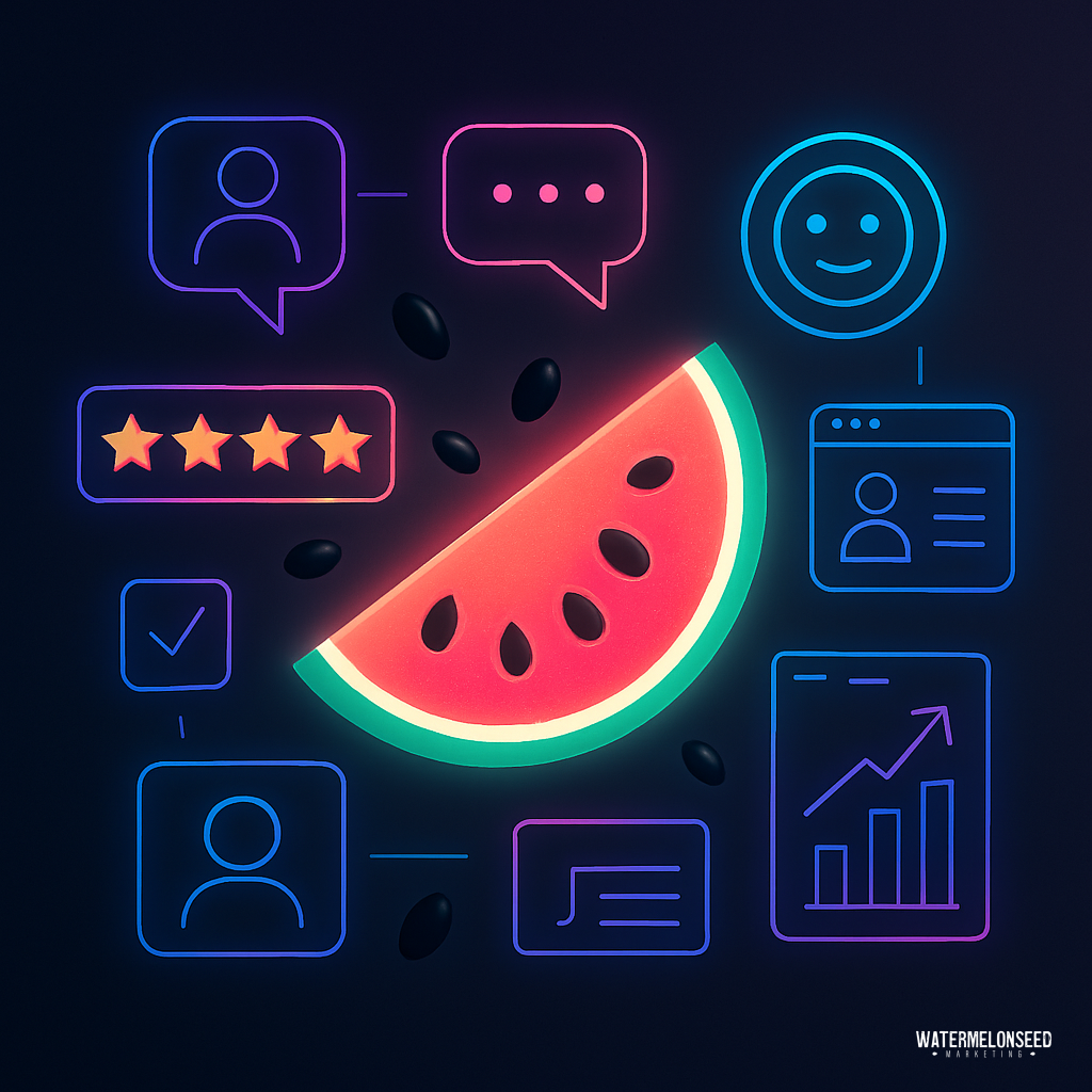 Neon-style illustration of a watermelon slice surrounded by icons representing chat, user profiles, review management, a checklist, a bar graph, and a smiley face on a dark background.