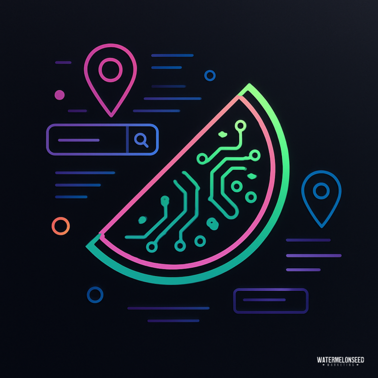 A neon outline illustration of a watermelon slice with circuit patterns, search bars, law firm SEO symbols, and map location icons on a dark background.