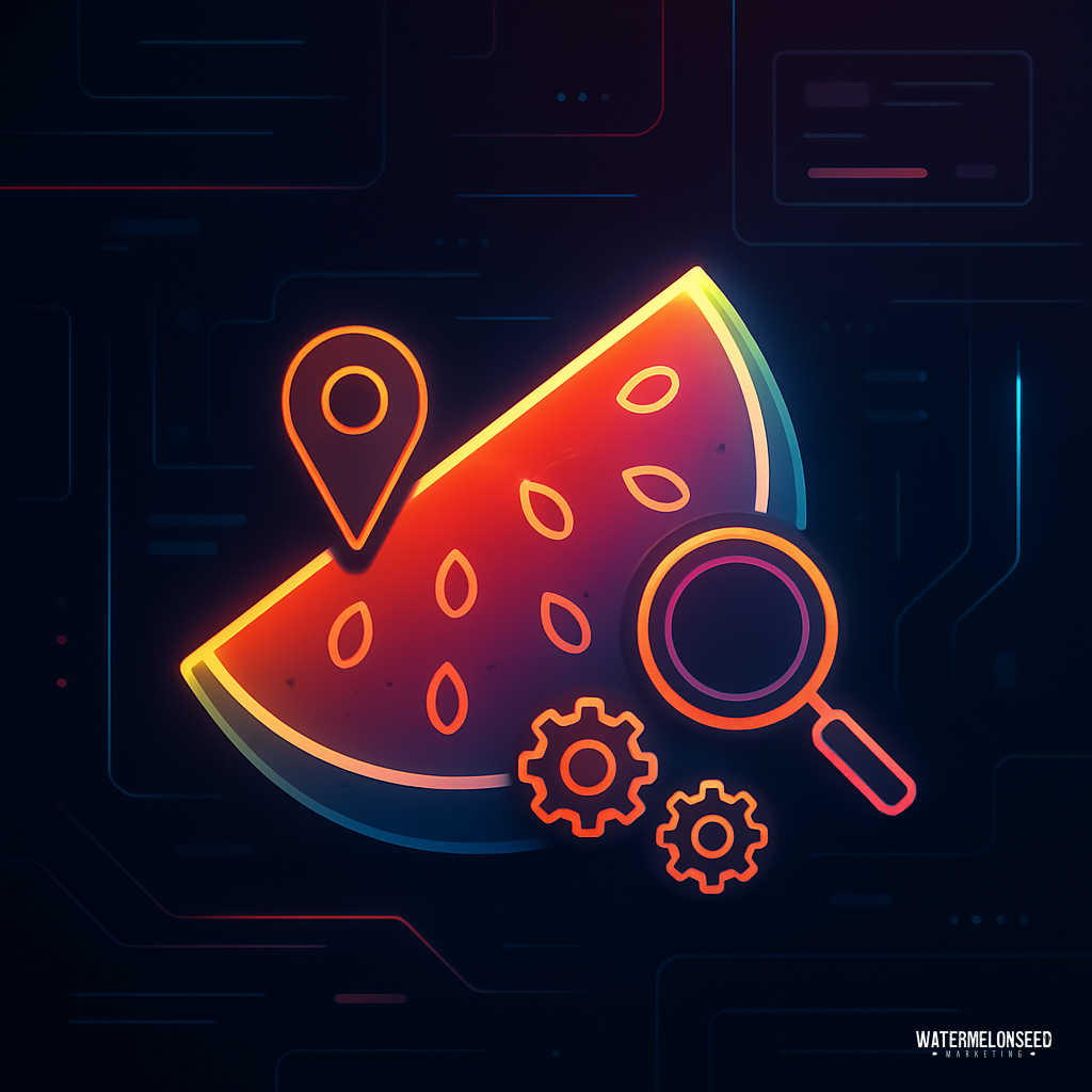 A neon-style illustration of a watermelon slice features location, magnifying glass, and gear icons—hinting at common local SEO mistakes—set against a dark digital background.