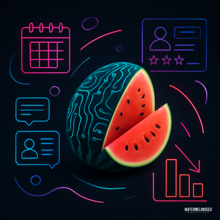 A watermelon with digital circuit patterns is shown surrounded by neon icons of a calendar, chat bubbles, a profile, and a bar chart—hinting at lost patient insights on a dark background.
