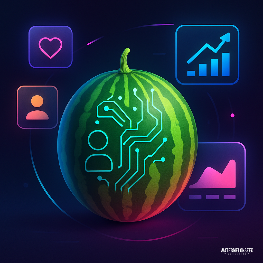 A watermelon with digital circuit patterns and data icons, such as a graph and user profile, symbolizing marketing attribution for dentists on a dark background.