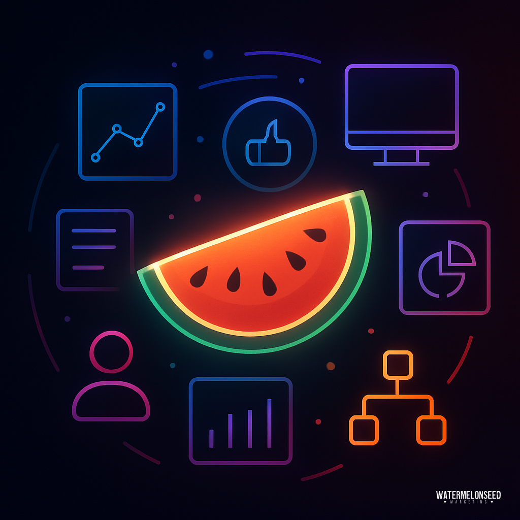 A neon illustration of a watermelon slice is surrounded by digital icons representing analytics, marketing attribution, charts, user, and network, on a dark background.