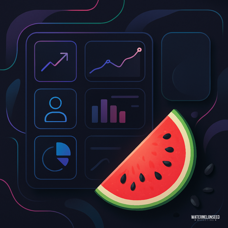 A digital dashboard with charts and icons is displayed on a dark background, offering dashboard insights, alongside a slice of watermelon in the lower right corner.