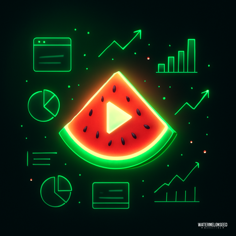 A glowing watermelon slice with a play button in the center is surrounded by digital graphs, pie charts, and data icons—illustrating marketing ROI on a dark background.
