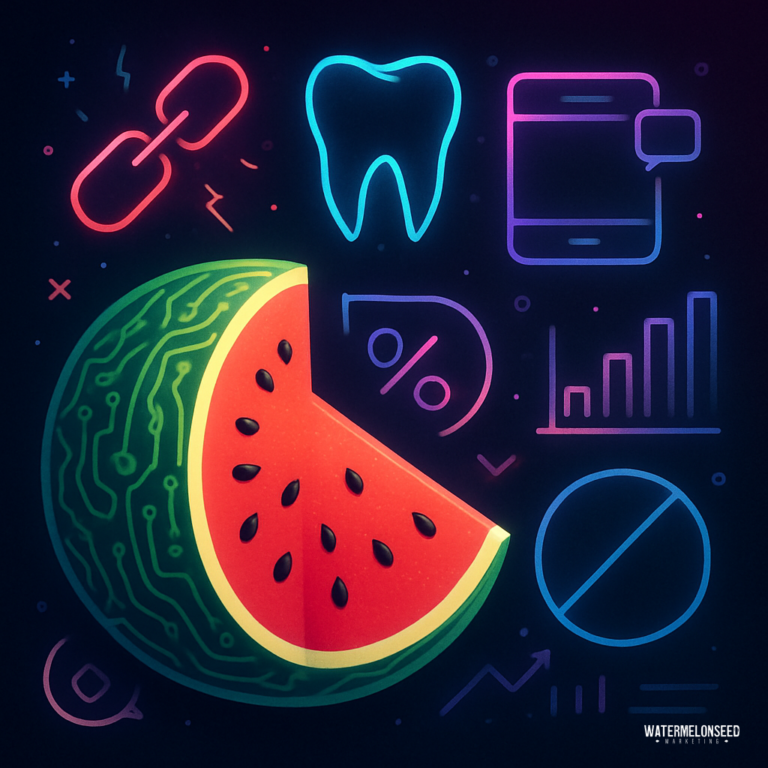 A neon-colored illustration of a watermelon slice surrounded by icons—a tooth, chain link, mobile device, graphs, percentage sign, and prohibition symbol—on a dark background, reflecting missed opportunities in dentistry.