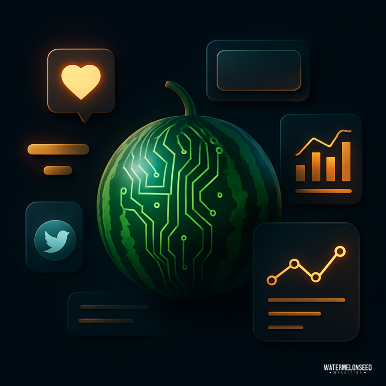A watermelon with a circuit board pattern, surrounded by social media and analytics icons on a dark background, highlights the concept of multi-touch attribution.