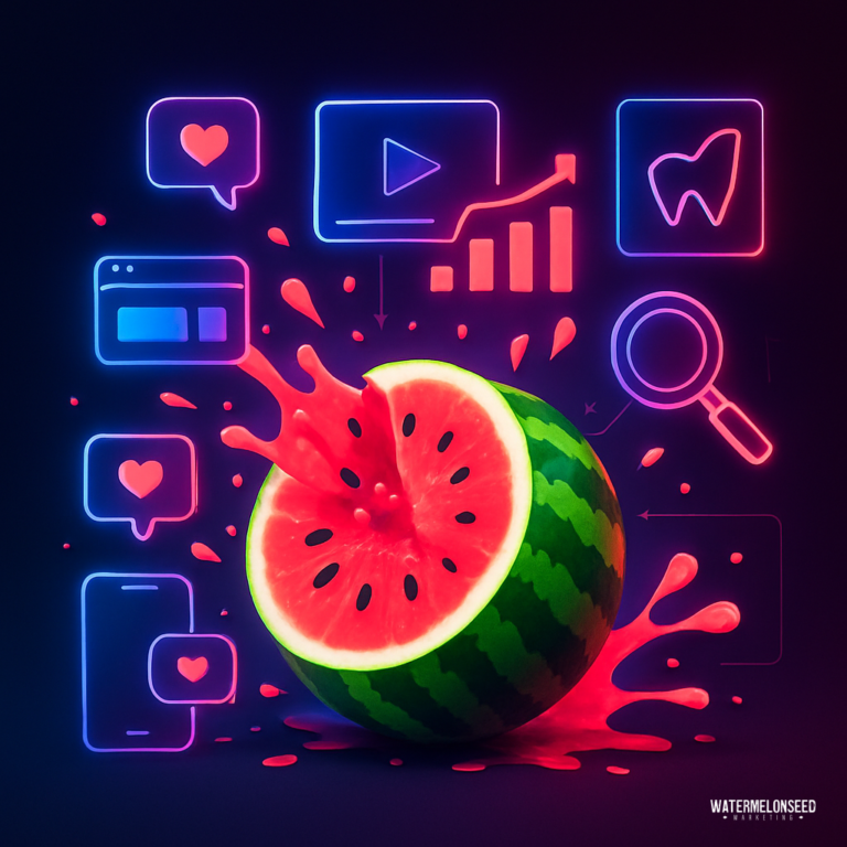 A real example of a halved watermelon splashes juice in front of neon icons representing social media, video, search, and analytics on a dark background.