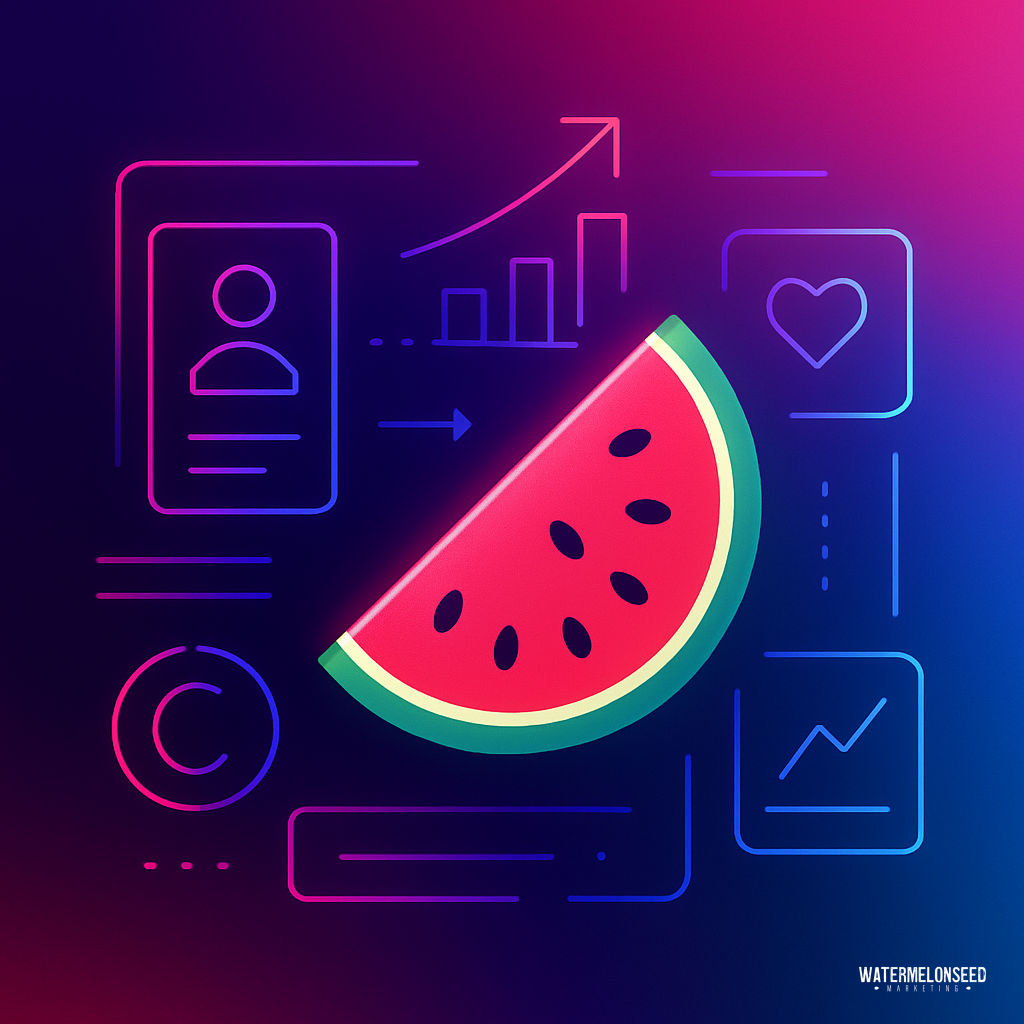 A digital illustration of a watermelon slice surrounded by neon icons—including graphs, a heart, and user profiles—on a gradient purple and pink background, capturing the excitement of the new patient journey.